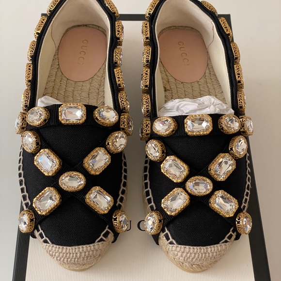 sz 35G - Gucci Espadrilles Crystal Canvas Black Pepita - Picture 2 of 5